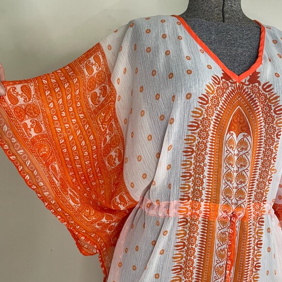 Khushbu orange and white short caftan coverup, one size - Picture 2 of 5